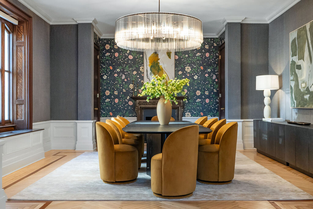 luxury dining room design with floral wallpaper and gray and gold tones by Cheryl Eisen
