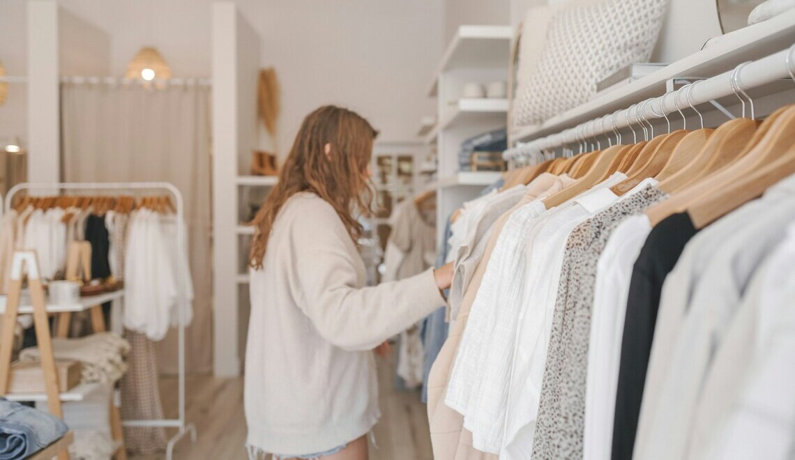 a woman looking at clothes in a clothing store