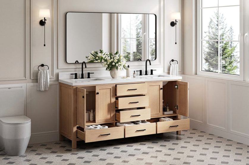 Bagno moderno con lavabo in legno doppio lavabo con cassetti aperti