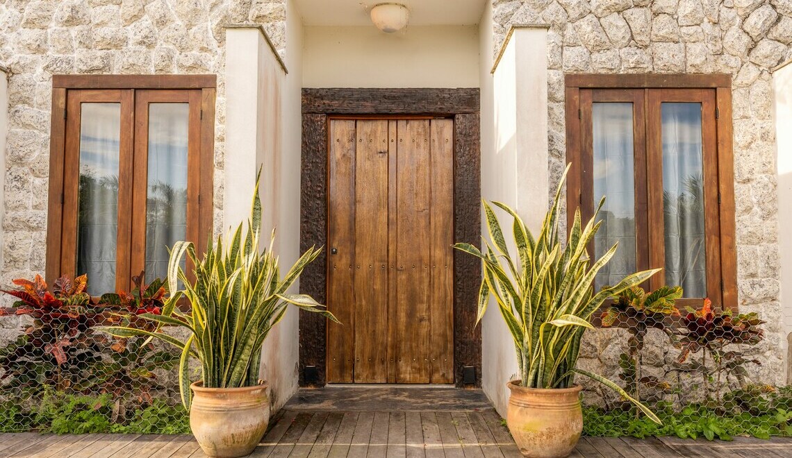 A house with two large potted plants in the entrance