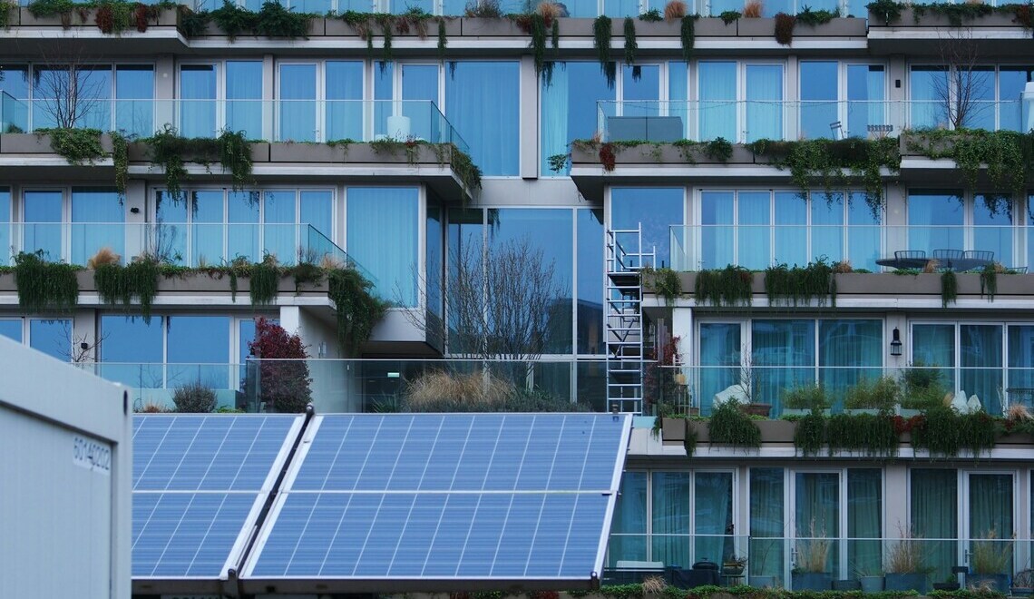 Modern building, ecology, solar panels