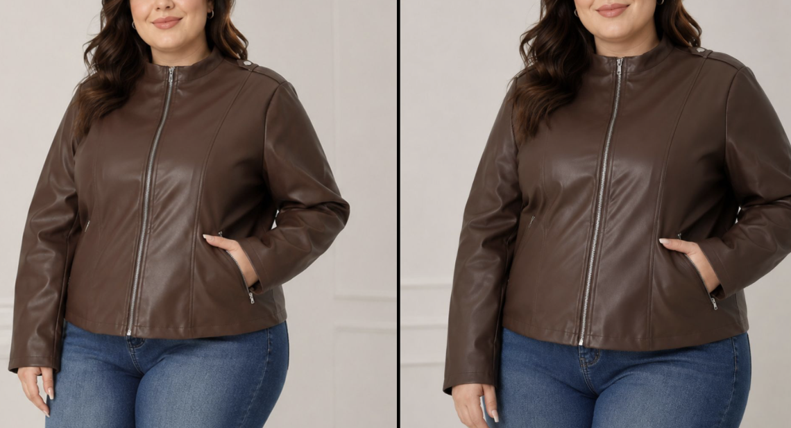 plus size woman wearing a brown leather jacket