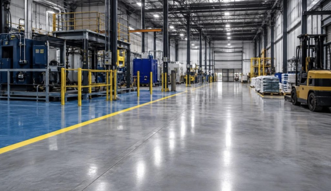 Interior of a large, clean industrial warehouse with machinery and a forklift