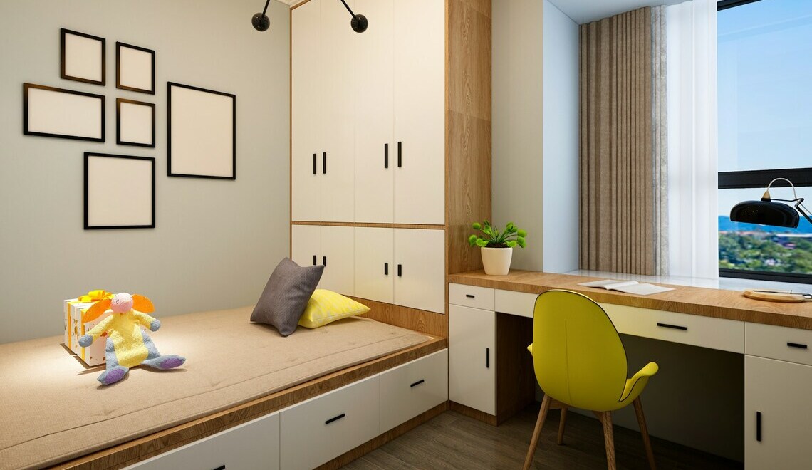 modern bedroom with a lot of storage