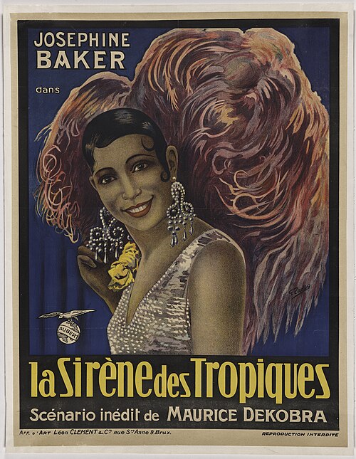 Josephine Baker in 'La Sirène des Tropiques' by G. Rader, c. 1927, chromolithograph on paper, from the National Portrait Gallery which has explicitly released this digital image under the CC0 license via Wikimedia Commons
