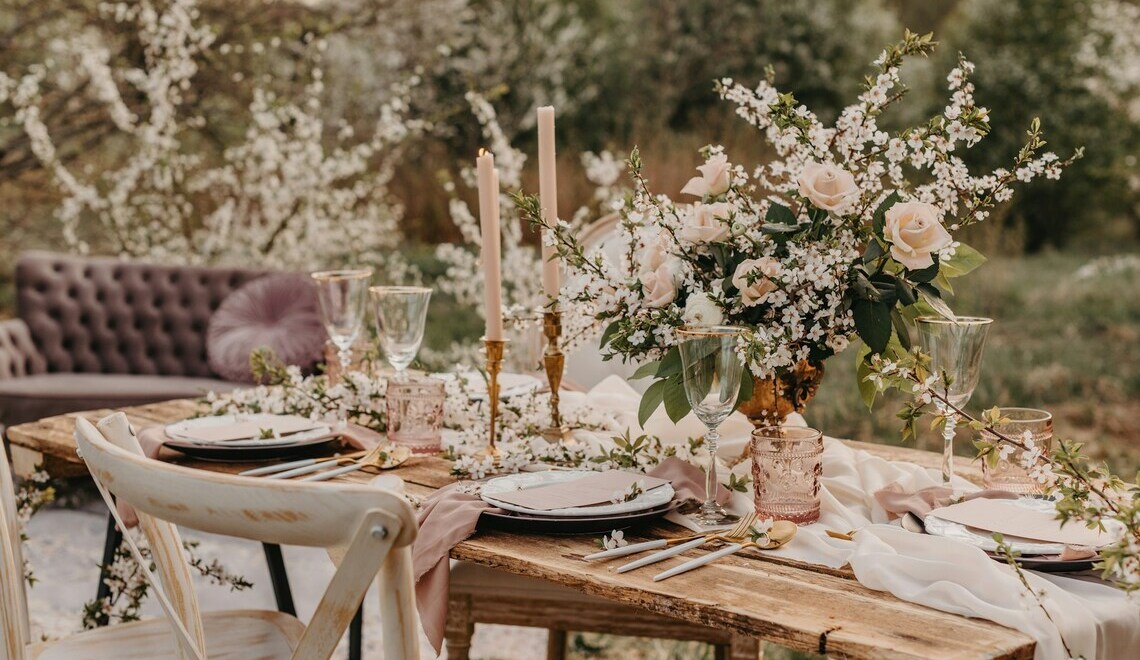 Rustic outdoor dining table setting decorated with floral arrangements, candles, and glassware