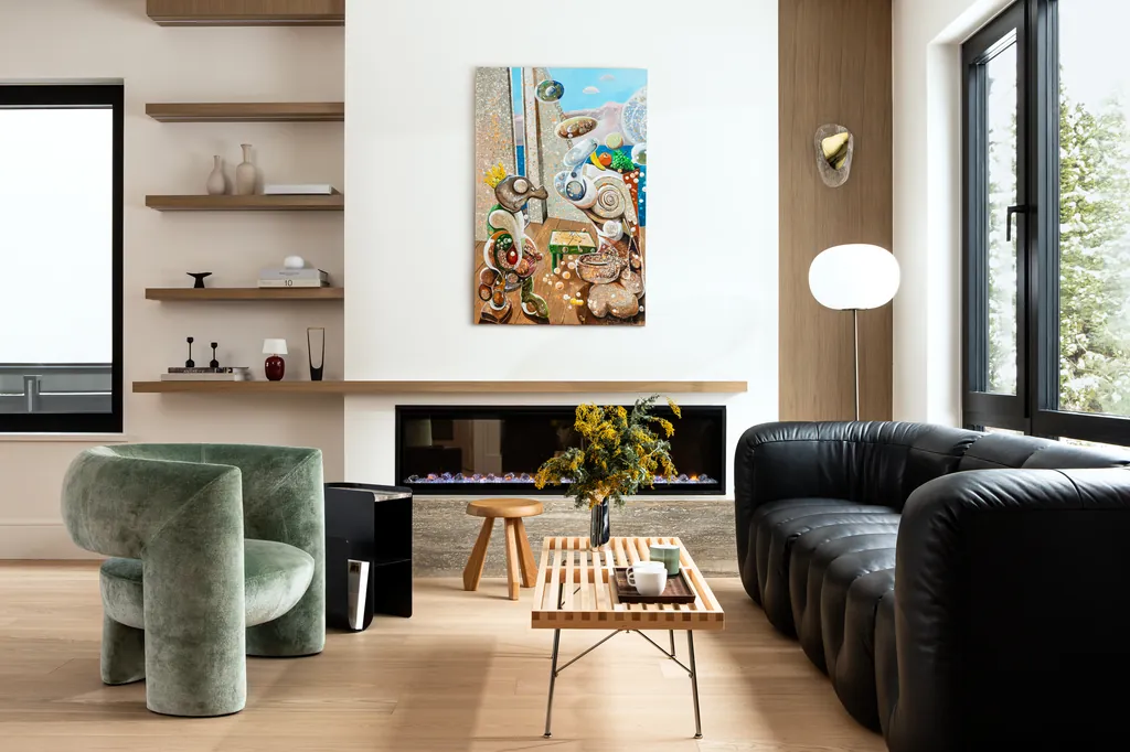 atelier fen living room design with floating oak shelves and linear fireplace