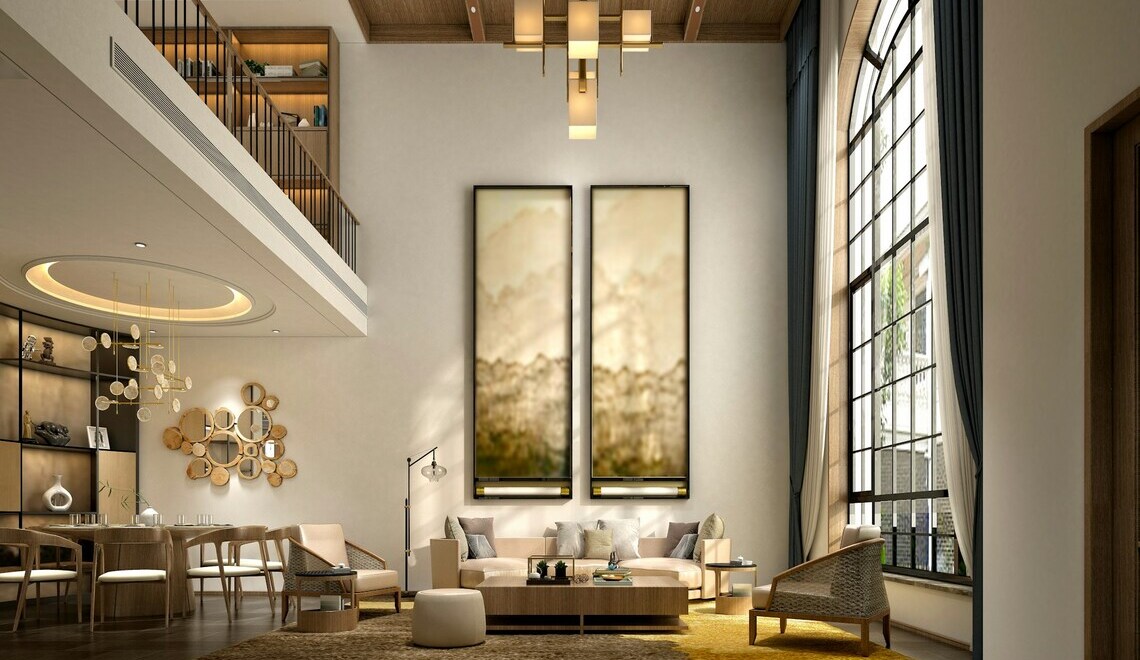Luxurious double-height living room with modern decor.