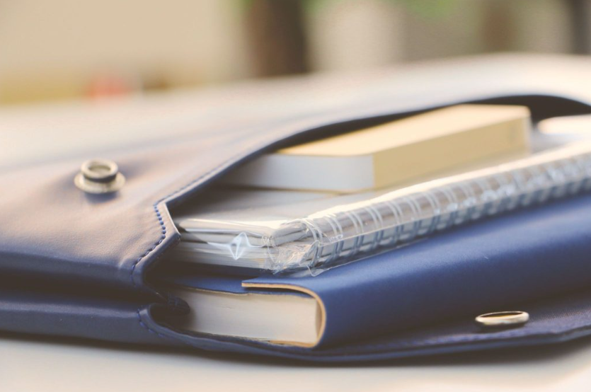 Notebooks in a blue leather organizer pouch