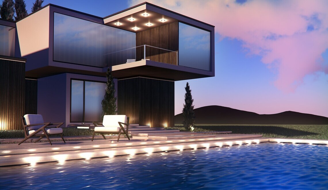 a modern house with a pool at sunset