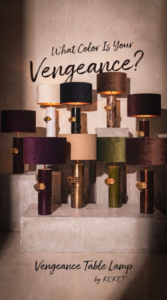 Brass hand sculpture table lamp with marble column, Vengeance by KOKET