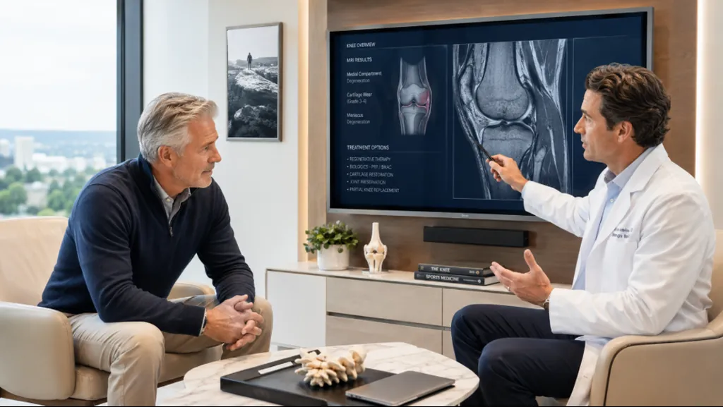 doctor reviewing knee mri scans with a patient on a large screen during an ai-assisted diagnostics consultation