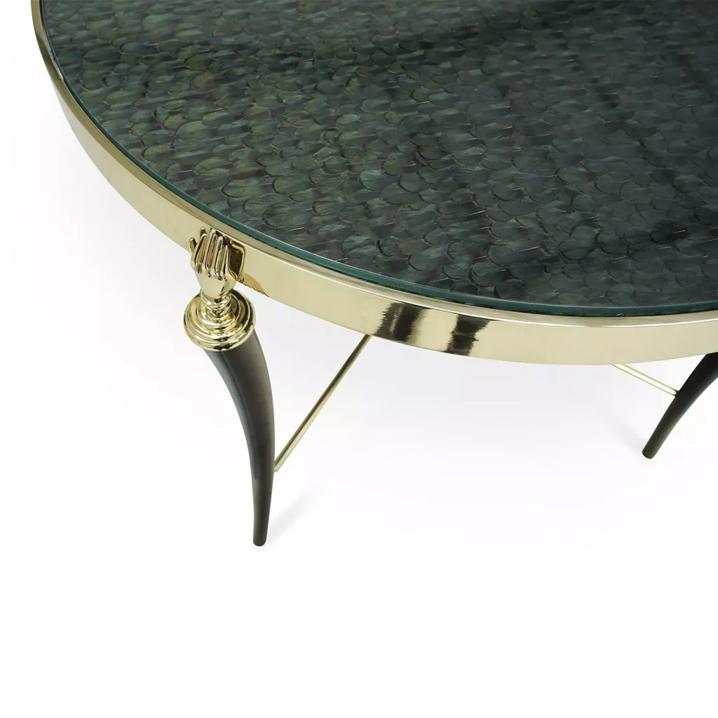 Gold brass hand side table with peacock feather top, Gisele by KOKET