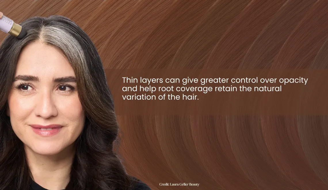 temporary grey root coverage being applied at the hairline with a laura geller root touch up