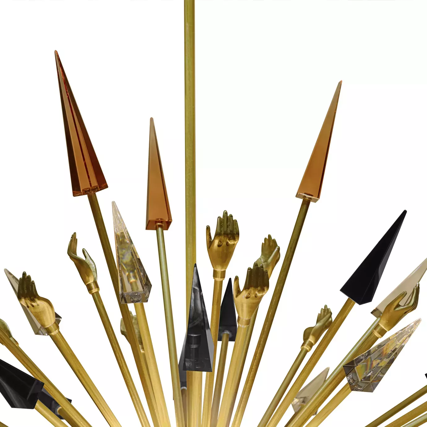 Brass hand chandelier with angled glass arrows, Outburst by KOKET