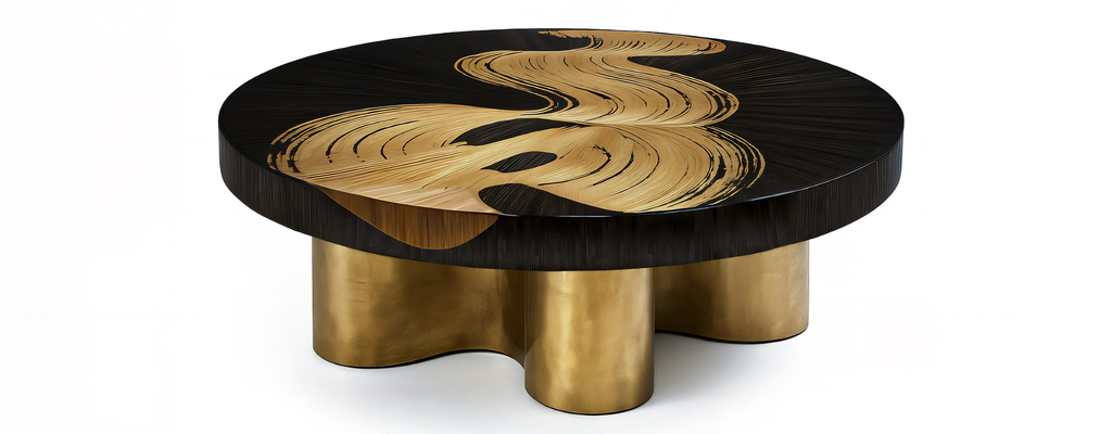 Bliss Straw Marquetry Coffee Table by KOKET - black and gold - modern round statement cocktail table