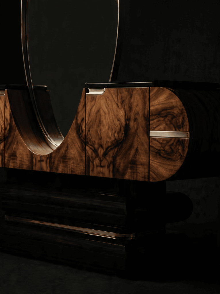 Lacquer, brass, and wood detailing on a modern Art Deco style furniture piece - elsa by koket