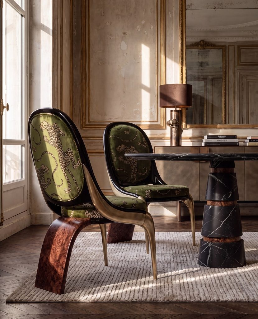 Lacquer and velvet material contrast on modern Art Deco furniture