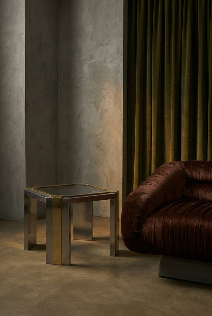 Geometric cabinet paired with a curved chair in an Art Deco-style room