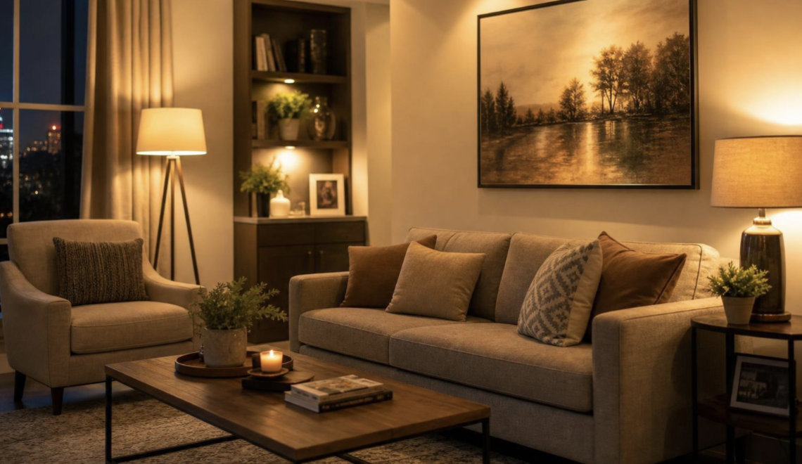 modern living room with cozy lighting