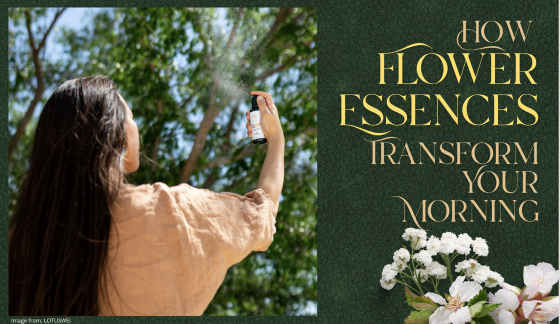 Woman spraying flower essence mist outdoors