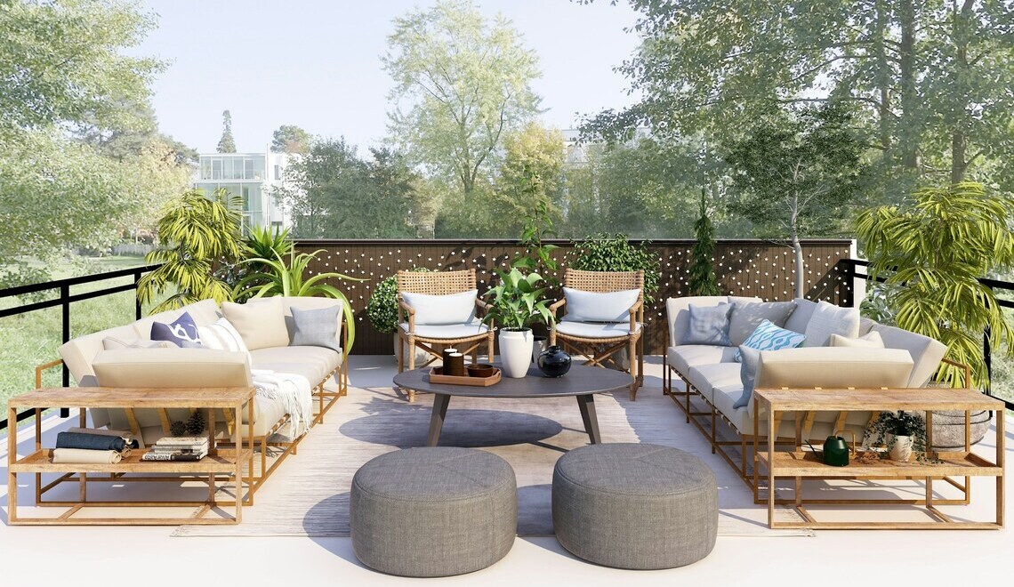 Modern rooftop patio lounge with outdoor sectional sofas, ottomans, and lush greenery