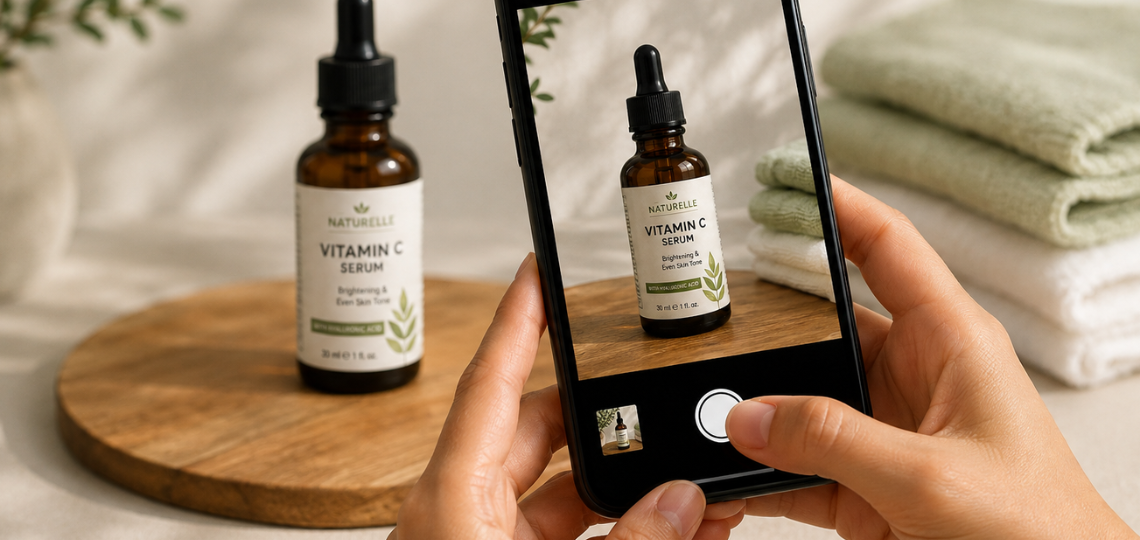 Person using a phone to photograph a bottle of Vitamin C