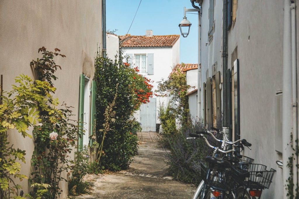A charming Portuguese village street with bicycles and tiled houses