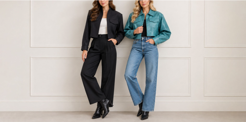 Two women modeling cropped jackets with wide-leg trousers and blue jeans