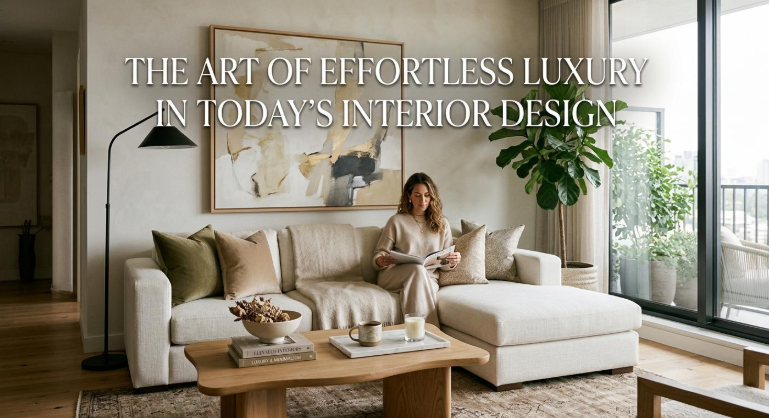 Woman reading a book on a beige sofa in a modern, luxury living room