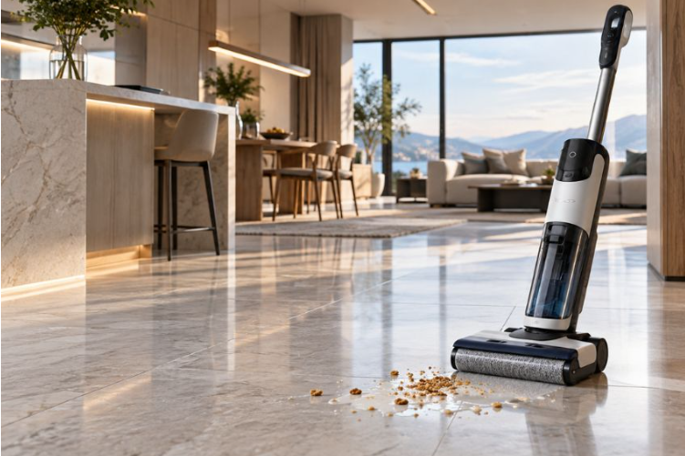 vacuum cleaner cleaning a spill on a polished tile