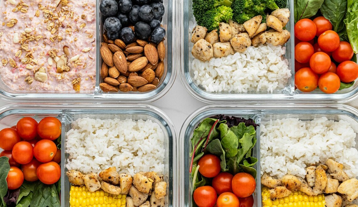four containers filled with different meals