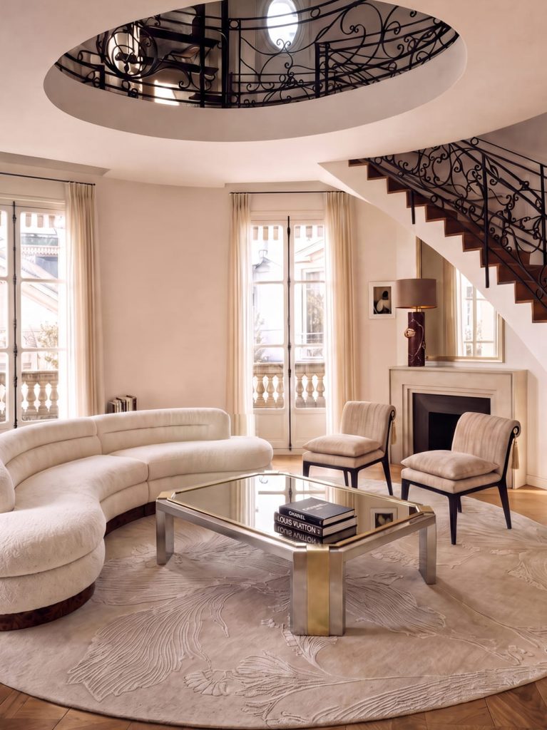 Parisian living room with spiral staircase and curved sofa