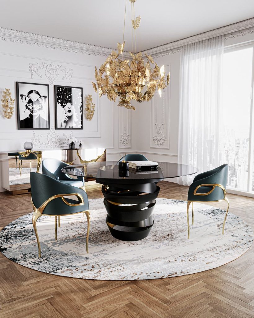 Butterfly wall sconce and matching butterfly chandelier in an elegant dining room