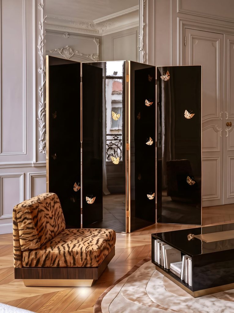 black floor screen room divider with gold butterflies in filigree jewelry for the home decorating with butterflies