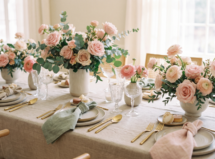 Elegant dining table set with blush pink floral arrangements, gold flatware, sage green linen napkins, and fine glassware